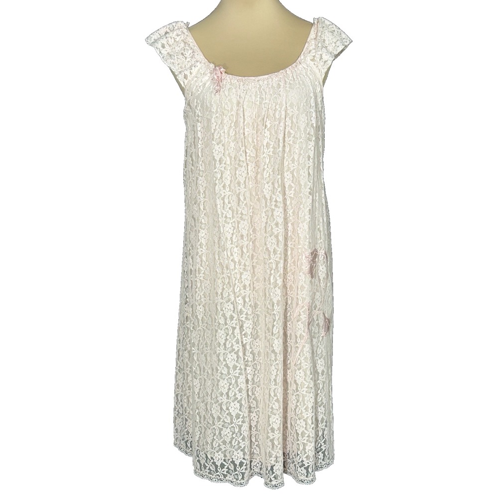 VTG 60s Mod Lt Pink Floral Lace Overlay Nightgown Nylon Lingerie Coquette Size M